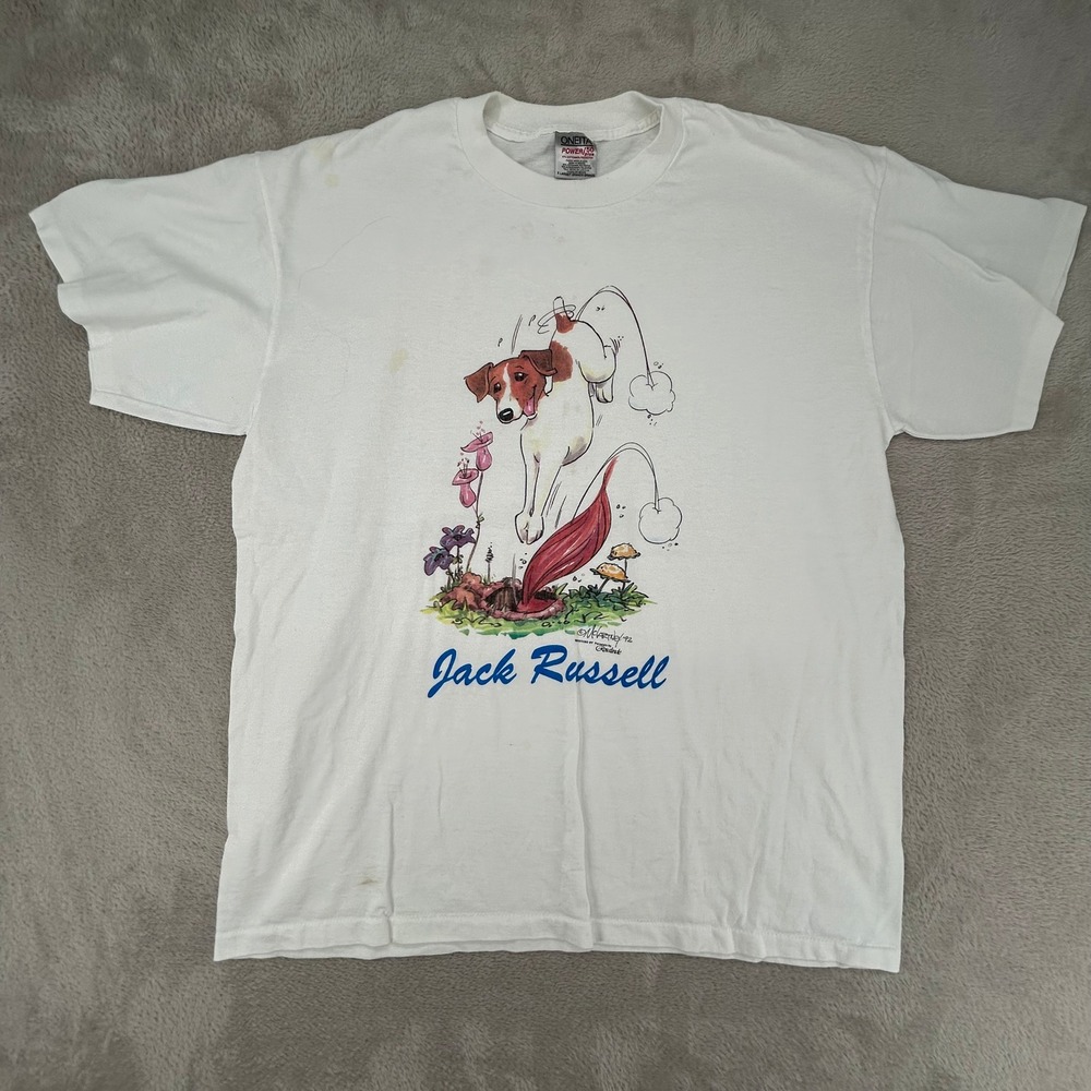 VTG Oneita Mens Jack Russell Terrier Dog T-Shirt XL White Preowned Stains 1992